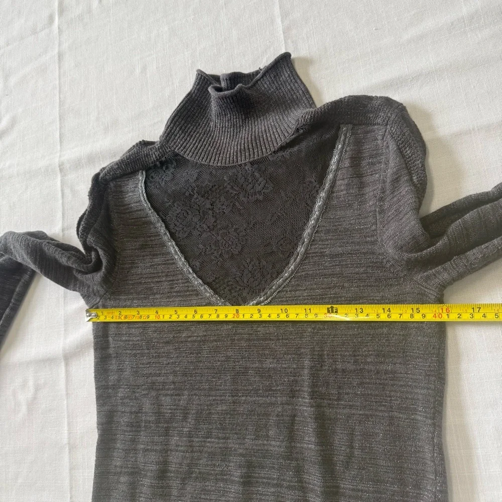 Free People Lace Insert Turtleneck Sweater Gray Metallic Stretch Pullover Size M